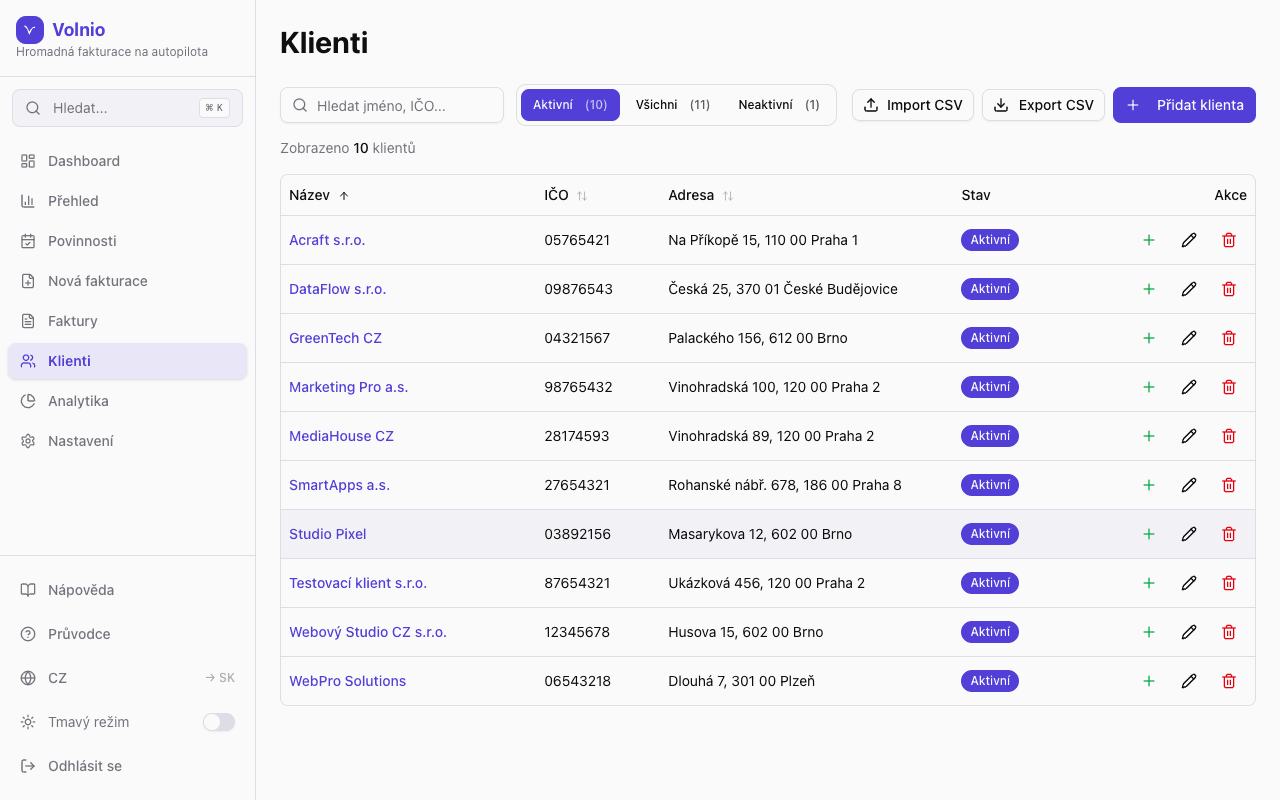 Volnio klienti — seznam s kontakty a statistikami