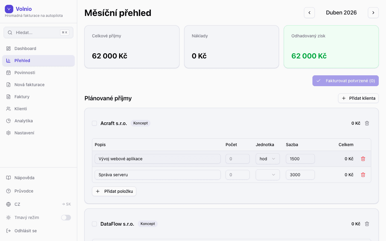 Volnio dashboard — přehled měsíčních faktur, monitor DPH limitu, dashboard widgety