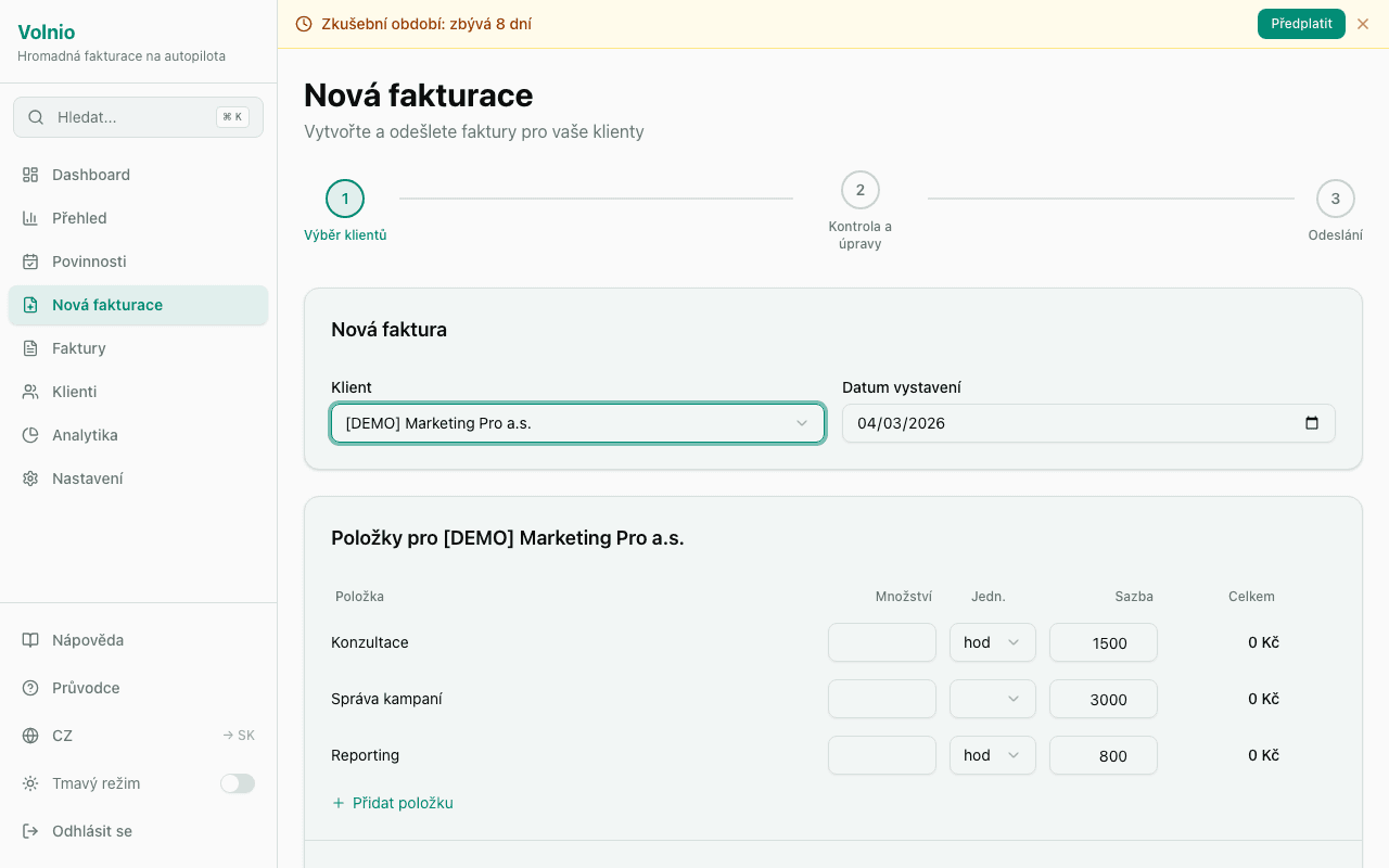 Volnio batch wizard — kontrola a odeslání všech faktur najednou