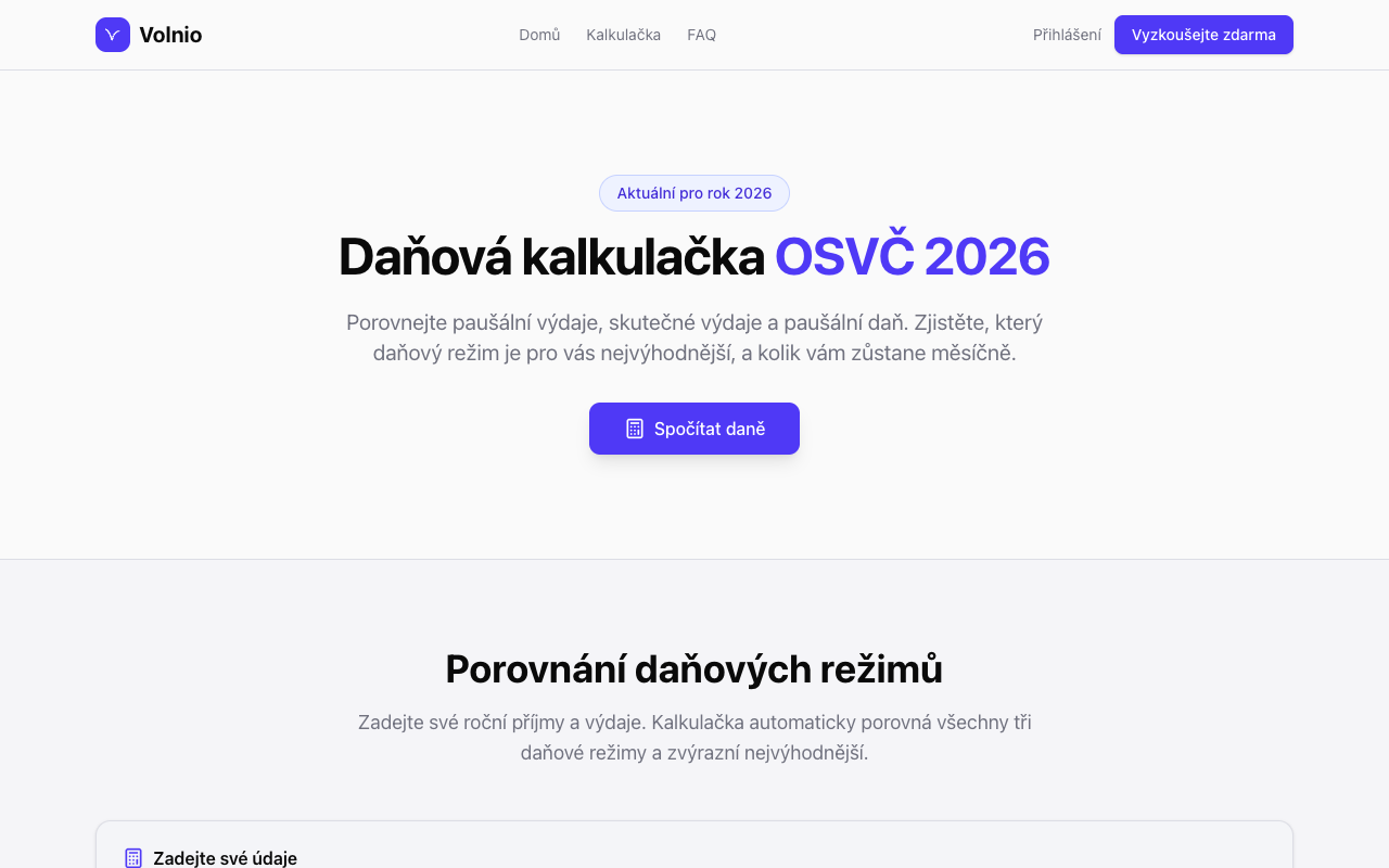 Daňová kalkulačka Volnio — porovnání paušálních výdajů, skutečných výdajů a paušální daně pro OSVČ
