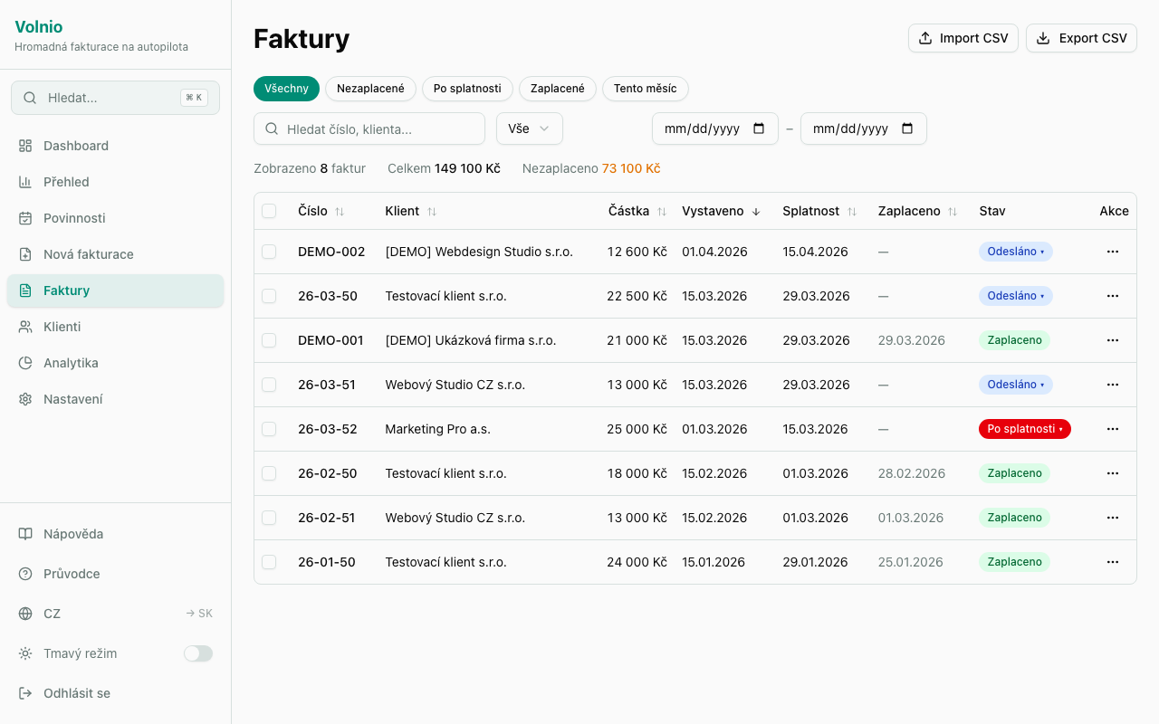 Volnio — přehled vydaných faktur se statusy Zaplaceno, Odesláno, Po splatnosti